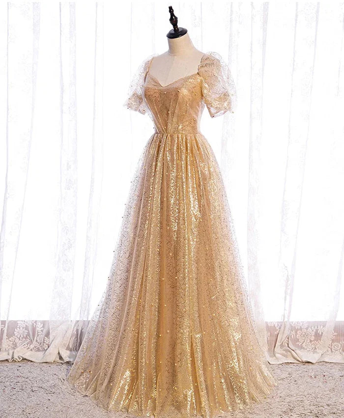 Luxury A-Line/Princess V Neck Short Puff Sleeve Up Sweep/Brush Train Party Dresses