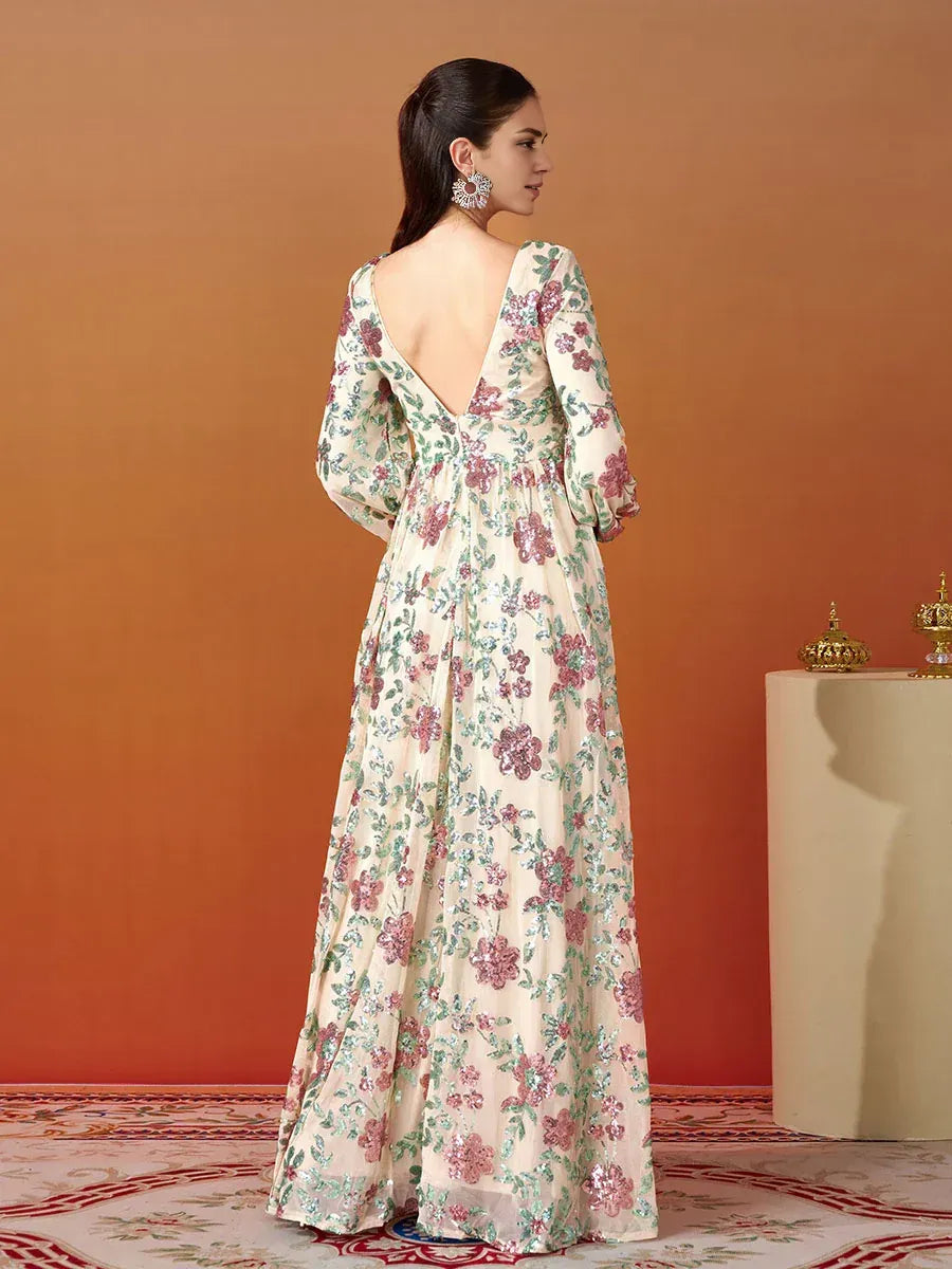 Luxury A-Line V-Neck Long sleeves Backless Floor-Length Prom Dress