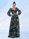 Luxury A-Line V-Neck Long sleeves Backless Floor-Length Prom Dress