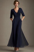 Luxury A-Line V Neck Short Sleeve Zipper Up Floor-Length Mother of the Bride Dress