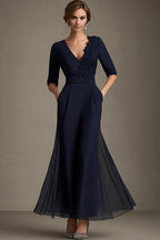 Luxury A-Line V Neck Short Sleeve Zipper Up Floor-Length Mother of the Bride Dress