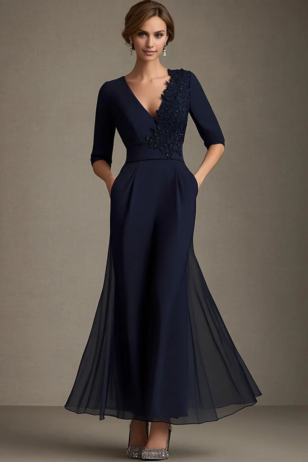 Luxury A-Line V Neck Short Sleeve Zipper Up Floor-Length Mother of the Bride Dress