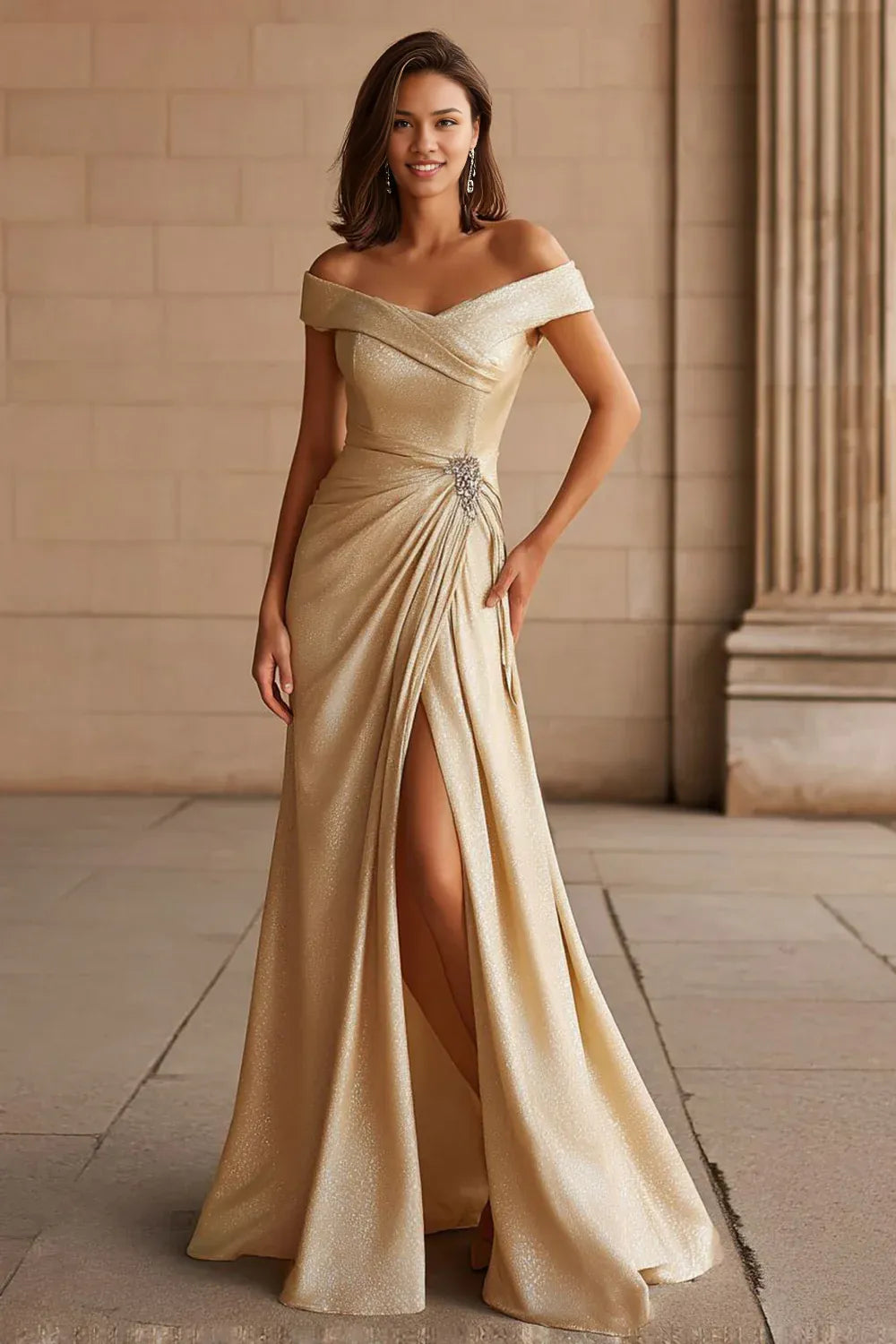 Luxury A Line Off the Shoulder Cap Sleeves Up Floor-Length Mother of the Bride Dress