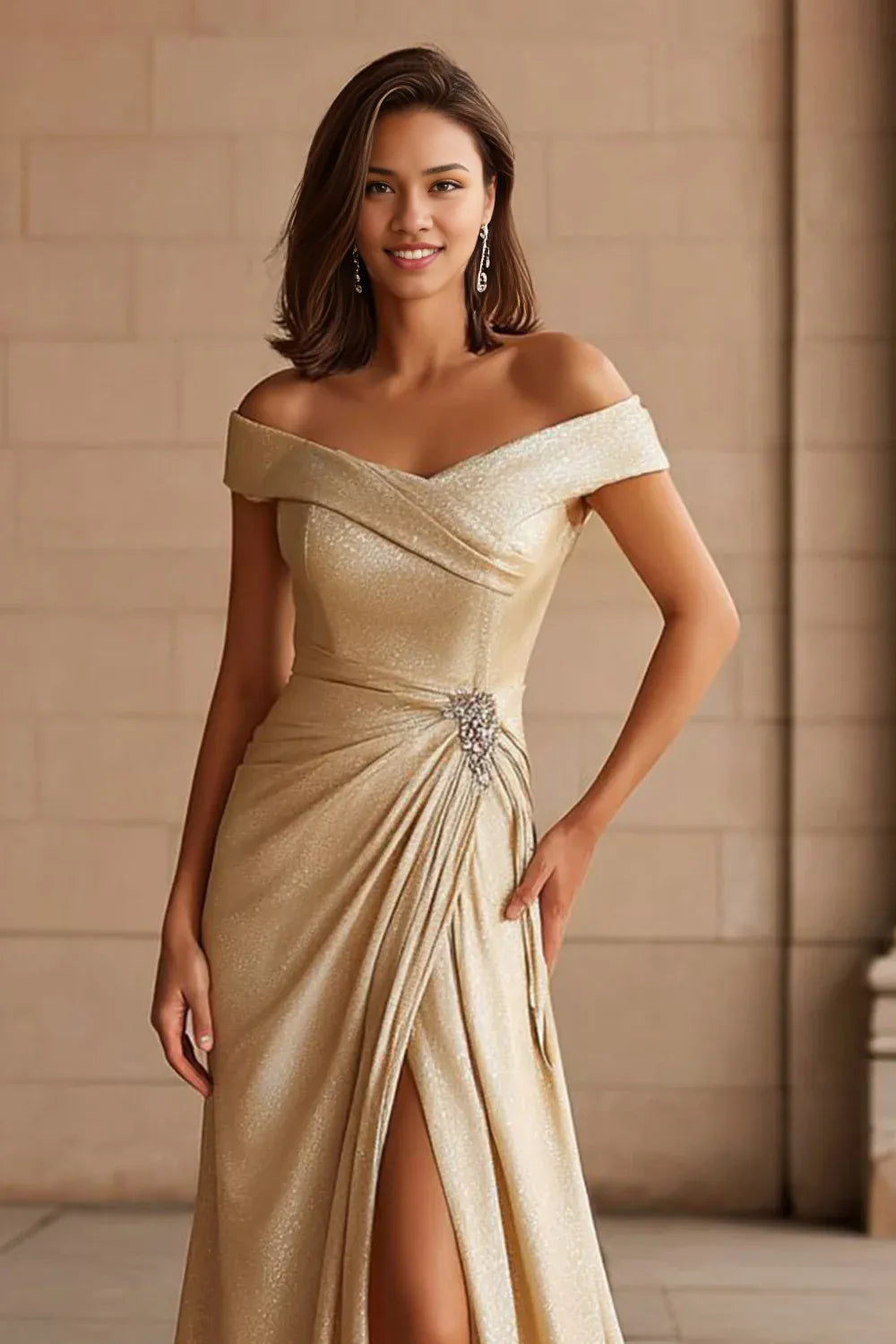 Luxury A Line Off the Shoulder Cap Sleeves Up Floor-Length Mother of the Bride Dress