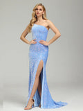 Luxury Column One Shoulder Sleeveless Backless Sweep Train Prom Dress