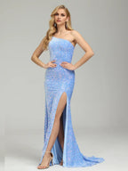 Luxury Column One Shoulder Sleeveless Backless Sweep Train Prom Dress