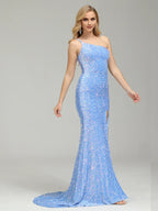 Luxury Column One Shoulder Sleeveless Backless Sweep Train Prom Dress