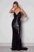 Luxury Fitted Spaghetti Straps Sleeveless Sequins Sweep/Brush Train Prom Dress