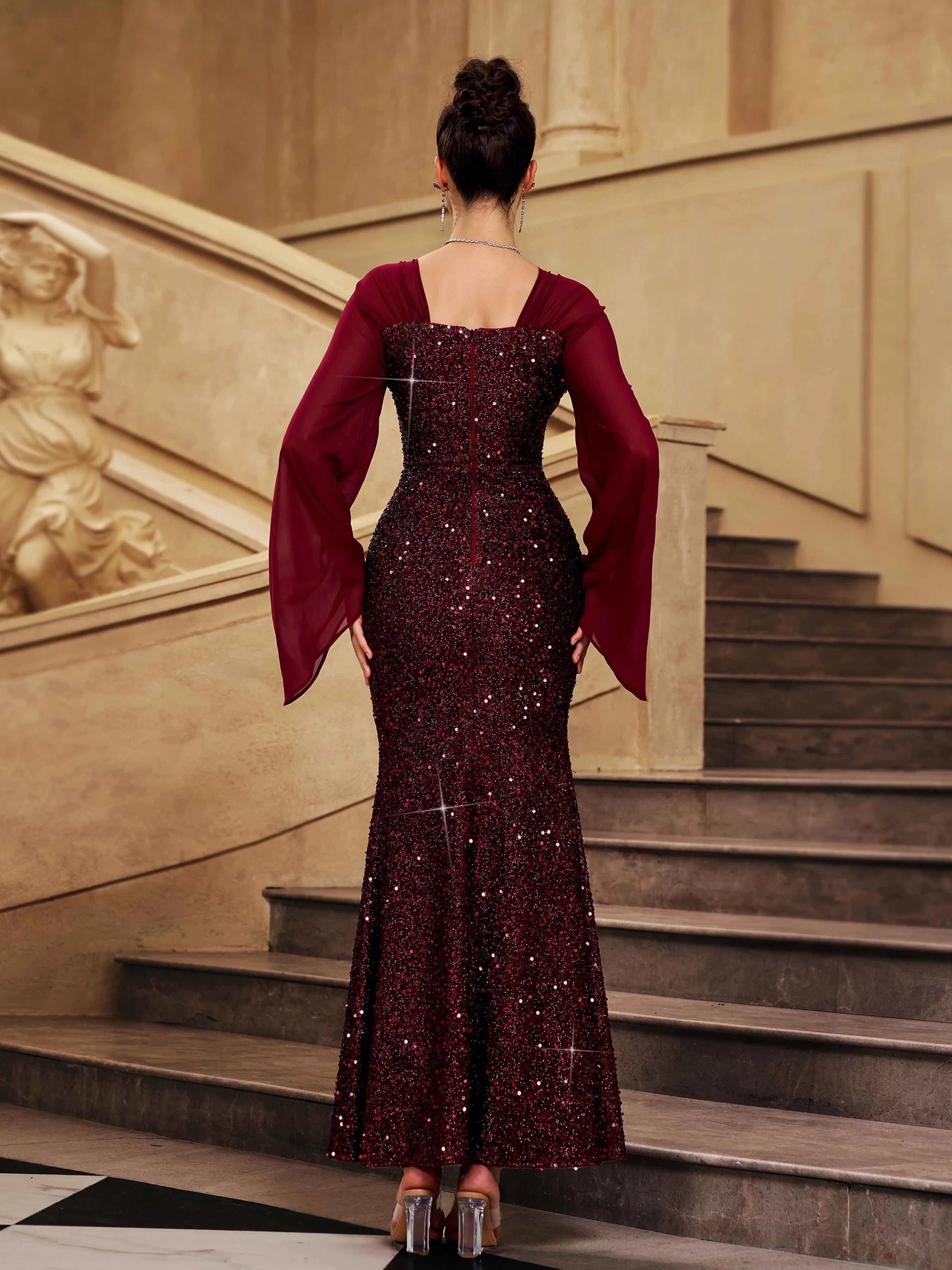 Luxury Mermaid Square Neck Bell Sleeve Back Zip Floor-Length Prom Dress