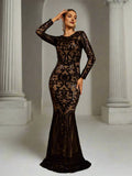 Luxury Mermaid Round Neck Long Sleeve Zipper Up Sweep/Brush Train Prom Dress