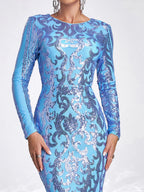 Luxury Mermaid Round Neck Long Sleeve Zipper Up Sweep/Brush Train Prom Dress