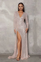 Luxury Mermaid/Trumpet V Neck Long Sleeve Sequins Sweep/Brush Train Prom Dress