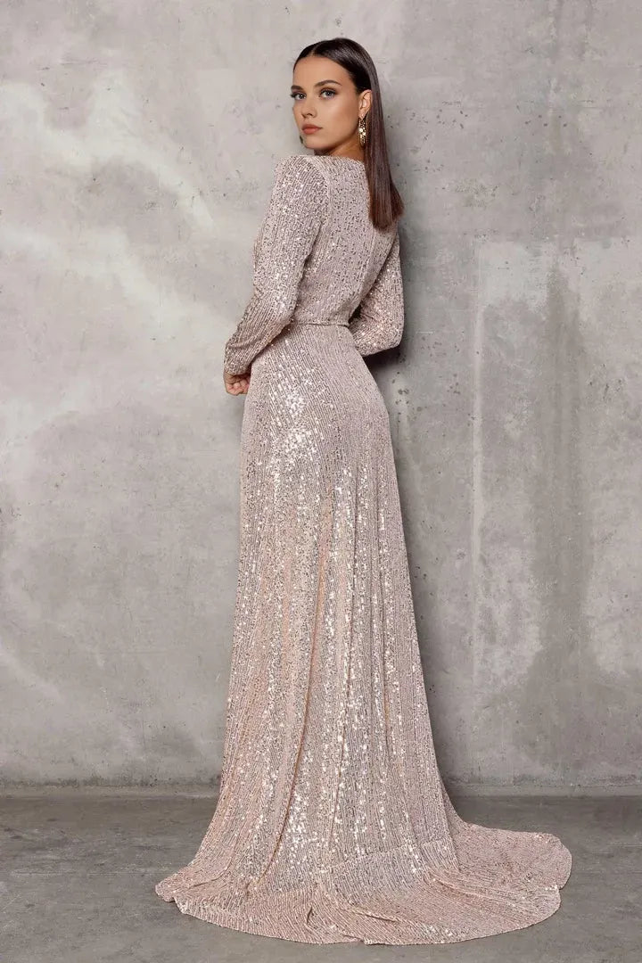 Luxury Mermaid/Trumpet V Neck Long Sleeve Sequins Sweep/Brush Train Prom Dress