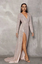 Luxury Mermaid/Trumpet V Neck Long Sleeve Sequins Sweep/Brush Train Prom Dress