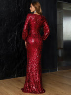 Luxury Mermaid V-neck Long Sleeve Zipper Up Sweep/Brush Train Prom Dress