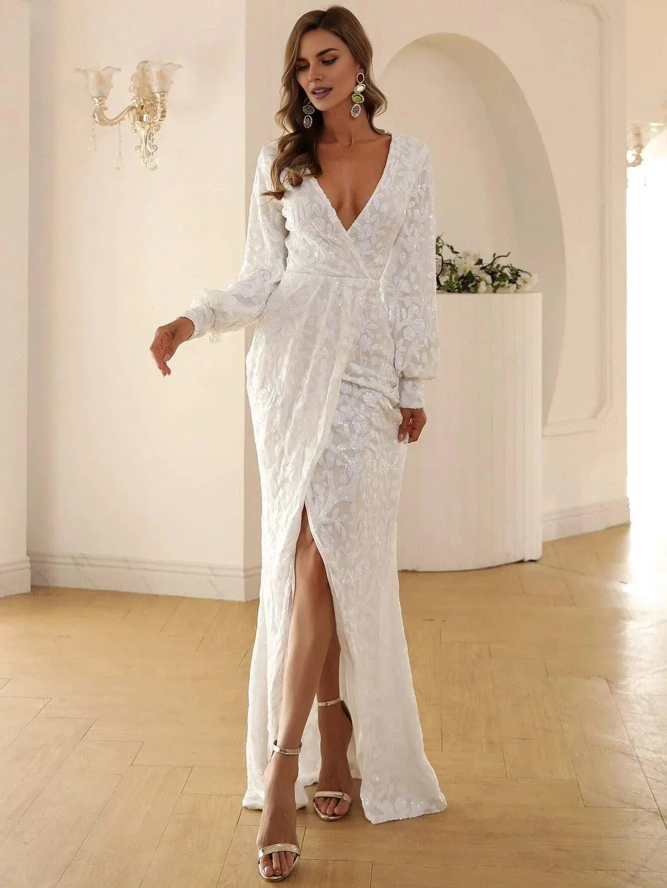Luxury Mermaid V-neck Long Sleeve Zipper Up Sweep/Brush Train Prom Dress