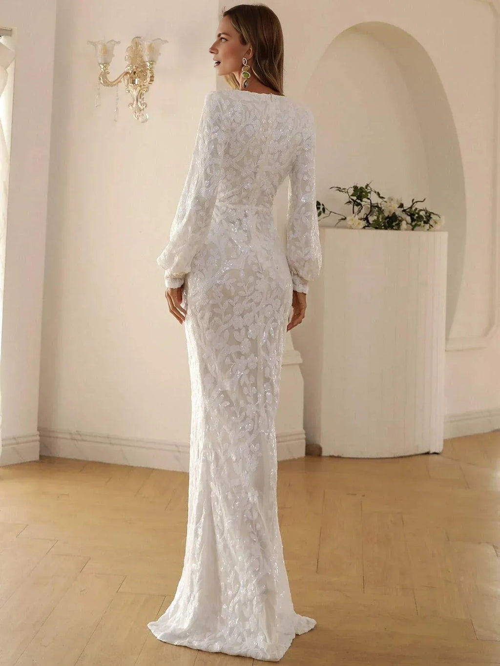 Luxury Mermaid V-neck Long Sleeve Zipper Up Sweep/Brush Train Prom Dress