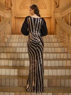 Luxury Mermaid V Neck Long Sleeve Zipper Up Floor-Length Prom Dress