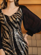 Luxury Mermaid V Neck Long Sleeve Zipper Up Floor-Length Prom Dress