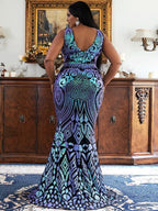 Luxury Mermaid V Neck Sleeveless Zipper Up Sweep/Brush Train Plus Size Prom Dress