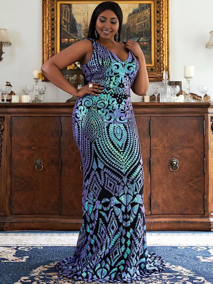 Luxury Mermaid V Neck Sleeveless Zipper Up Sweep/Brush Train Plus Size Prom Dress