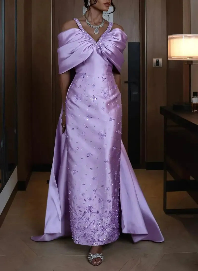 Luxury Off-The-Shoulder Sheath Sleeveless Pleated Sweep Train Evening Dress