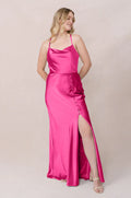 Luxury Satin Cowl Neck Bridesmaid Dresses with Crisscross Back and Buttoned High Slit Formal Gown