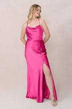 Luxury Satin Cowl Neck Bridesmaid Dresses with Crisscross Back and Buttoned High Slit Formal Gown