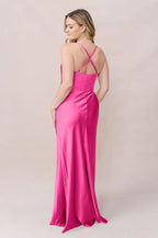 Luxury Satin Cowl Neck Bridesmaid Dresses with Crisscross Back and Buttoned High Slit Formal Gown