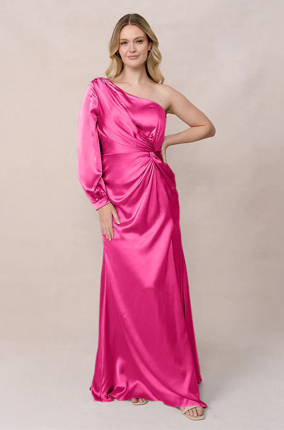 Luxury Satin One Shoulder Bridesmaid Dresses with Puffed Long Sleeve, Waist Knot Detail and High Slit Formal Gown