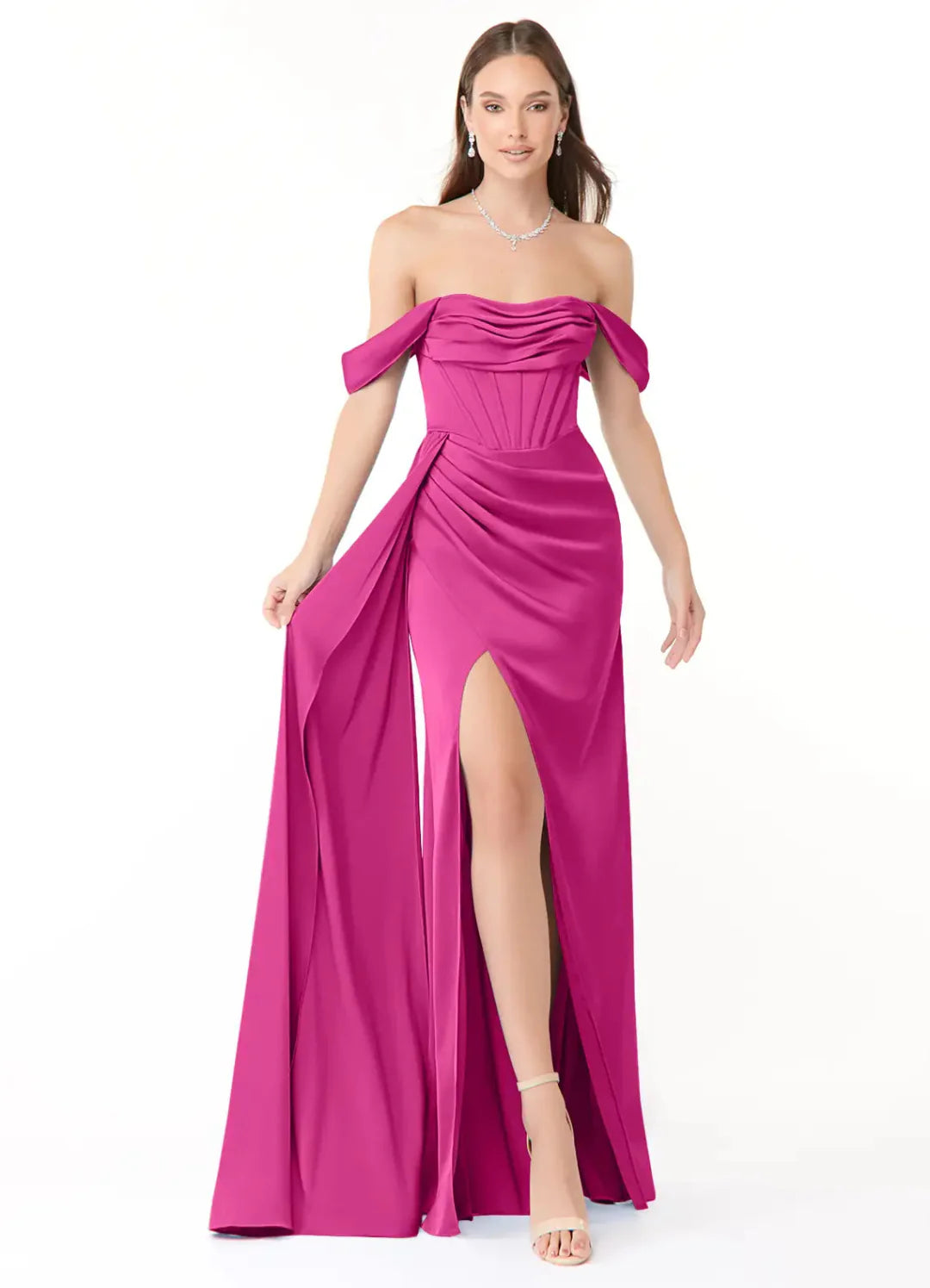 Luxury Satin Sheath Off-the-Shoulder Corset Bodice Draped Skirt Low Back Floor Length Bridesmaid Dress with Slit