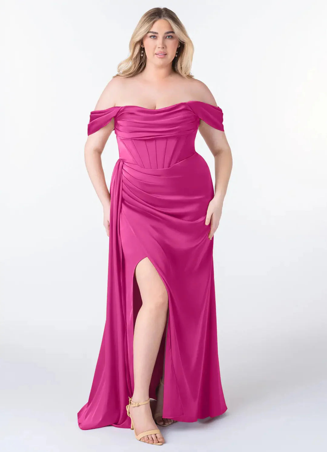 Luxury Satin Sheath Off-the-Shoulder Corset Bodice Draped Skirt Low Back Floor Length Bridesmaid Dress with Slit