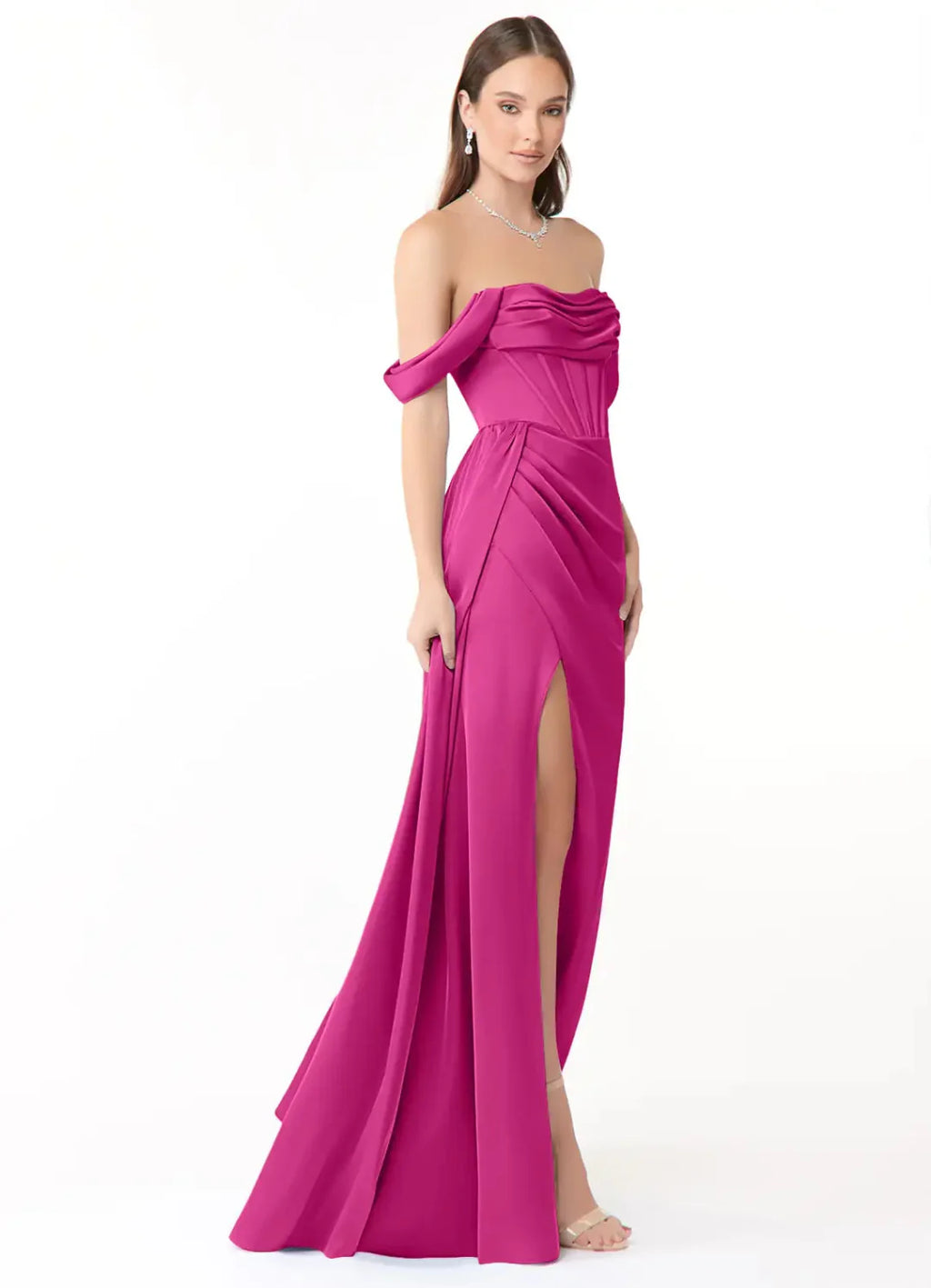 Luxury Satin Sheath Off-the-Shoulder Corset Bodice Draped Skirt Low Back Floor Length Bridesmaid Dress with Slit