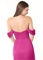Luxury Satin Sheath Off-the-Shoulder Corset Bodice Draped Skirt Low Back Floor Length Bridesmaid Dress with Slit