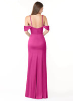 Luxury Satin Sheath Off-the-Shoulder Corset Bodice Draped Skirt Low Back Floor Length Bridesmaid Dress with Slit