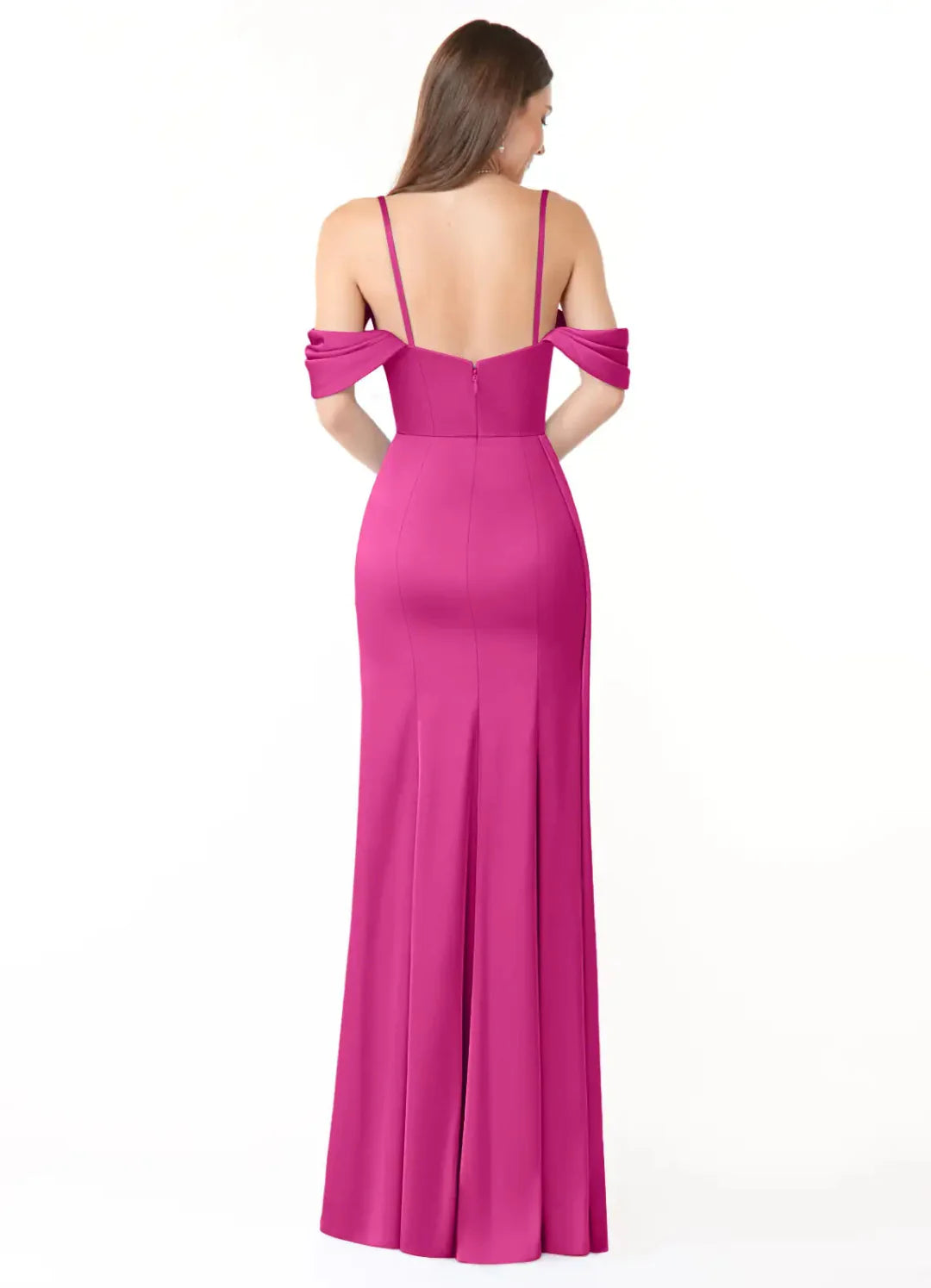 Luxury Satin Sheath Off-the-Shoulder Corset Bodice Draped Skirt Low Back Floor Length Bridesmaid Dress with Slit