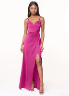 Luxury Satin Sheath Spaghetti Strap V Neck Draped Skirt Floor Length Bridesmaid Dress with Slit