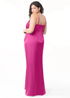 Luxury Satin Sheath Spaghetti Strap V Neck Draped Skirt Floor Length Bridesmaid Dress with Slit