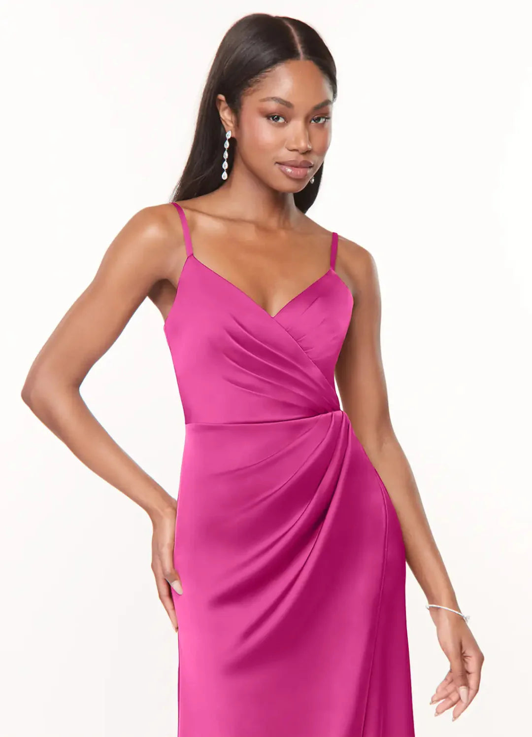 Luxury Satin Sheath Spaghetti Strap V Neck Draped Skirt Floor Length Bridesmaid Dress with Slit