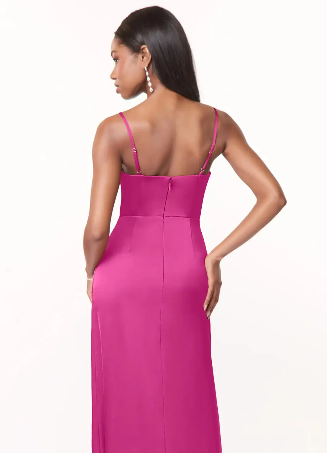 Luxury Satin Sheath Spaghetti Strap V Neck Draped Skirt Floor Length Bridesmaid Dress with Slit