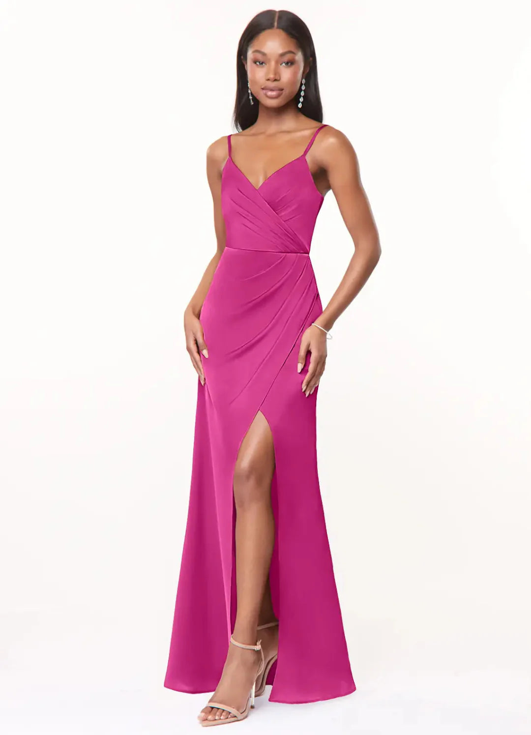 Luxury Satin Sheath Spaghetti Strap V Neck Draped Skirt Floor Length Bridesmaid Dress with Slit