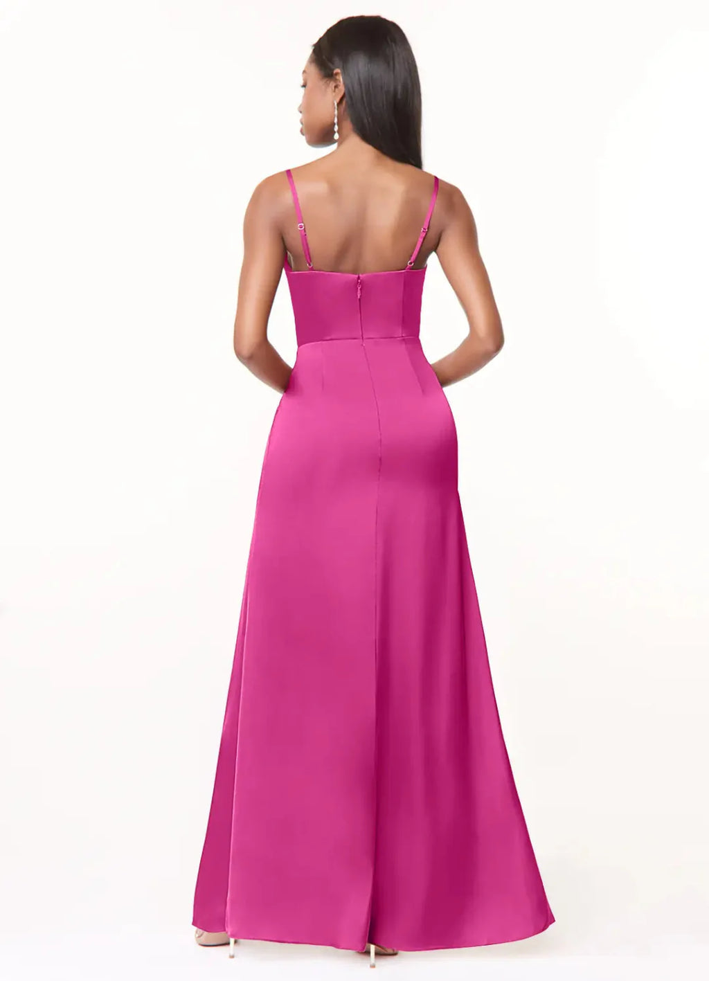 Luxury Satin Sheath Spaghetti Strap V Neck Draped Skirt Floor Length Bridesmaid Dress with Slit