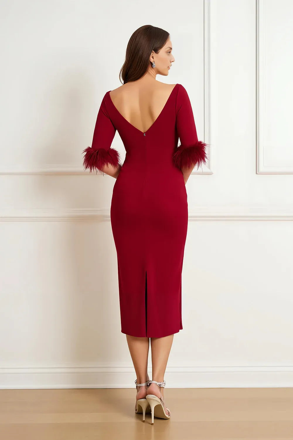 Luxury Sheath Boat Neck Short Sleeve V Back Tea-Length Mother of the Bride Dress