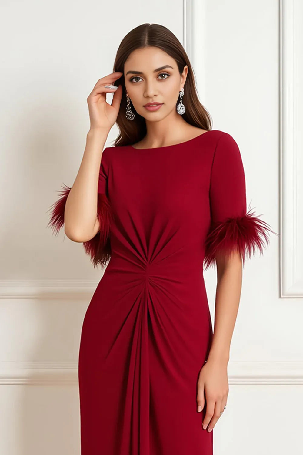 Luxury Sheath Boat Neck Short Sleeve V Back Tea-Length Mother of the Bride Dress