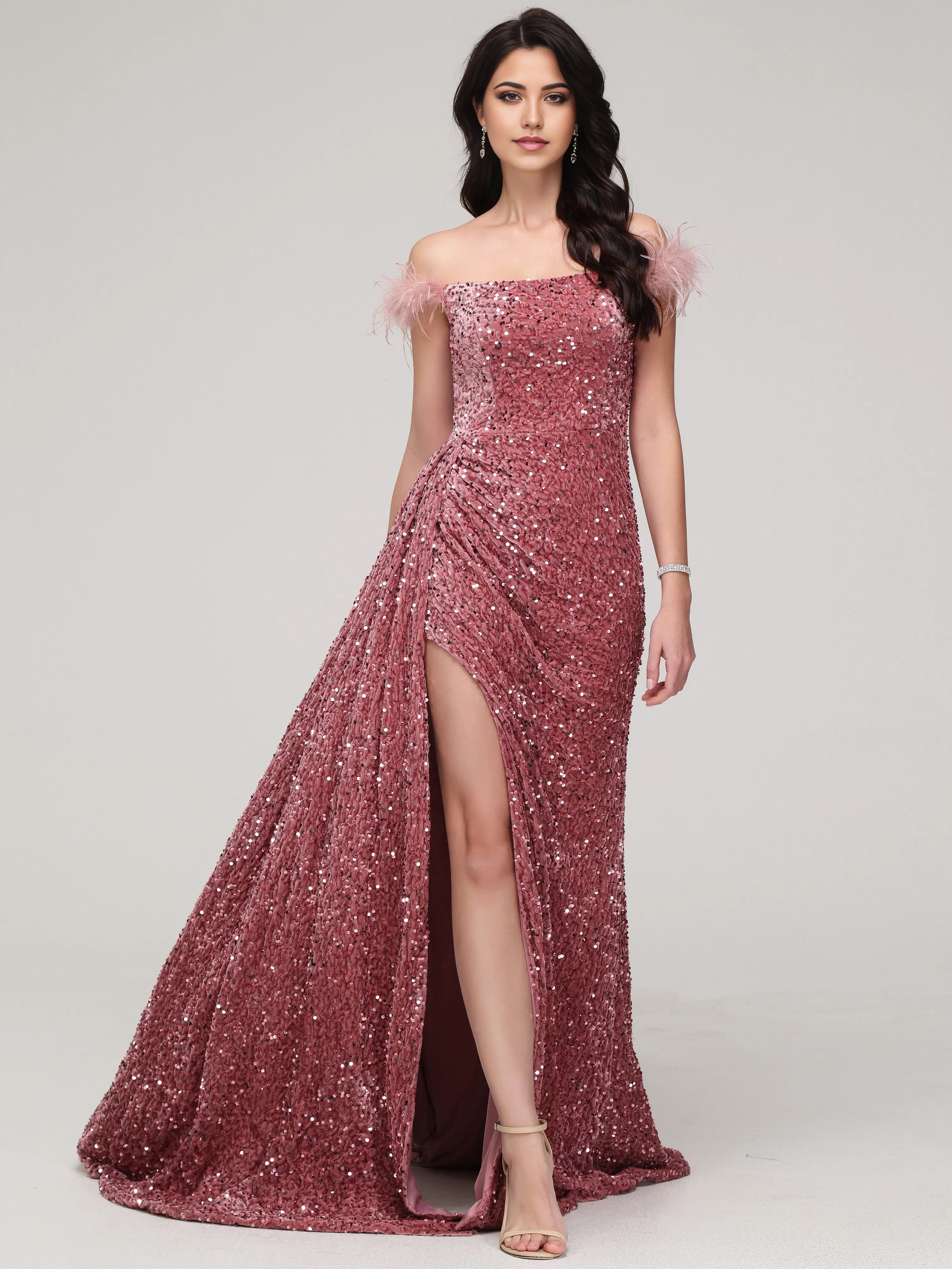 Luxury Sheath/Column Off-the-shoulder Sleeveless Up Sweep/Brush Train Prom Dress