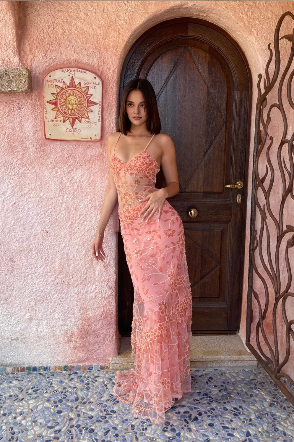 Luxury Sheath/Column Spaghetti Straps Sleeveless Backless Sweep/Brush Train Prom Dress