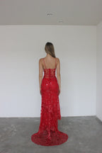 Luxury Sheath/Column Spaghetti Straps Sleeveless Backless Sweep/Brush Train Prom Dress