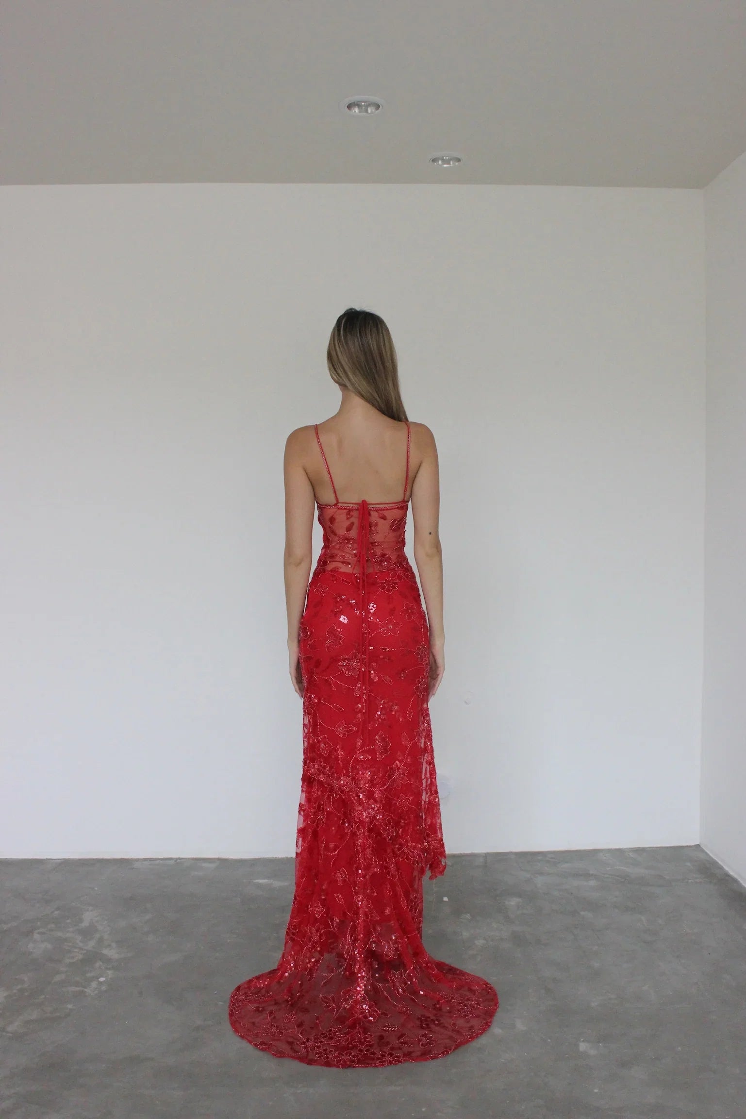 Luxury Sheath/Column Spaghetti Straps Sleeveless Backless Sweep/Brush Train Prom Dress