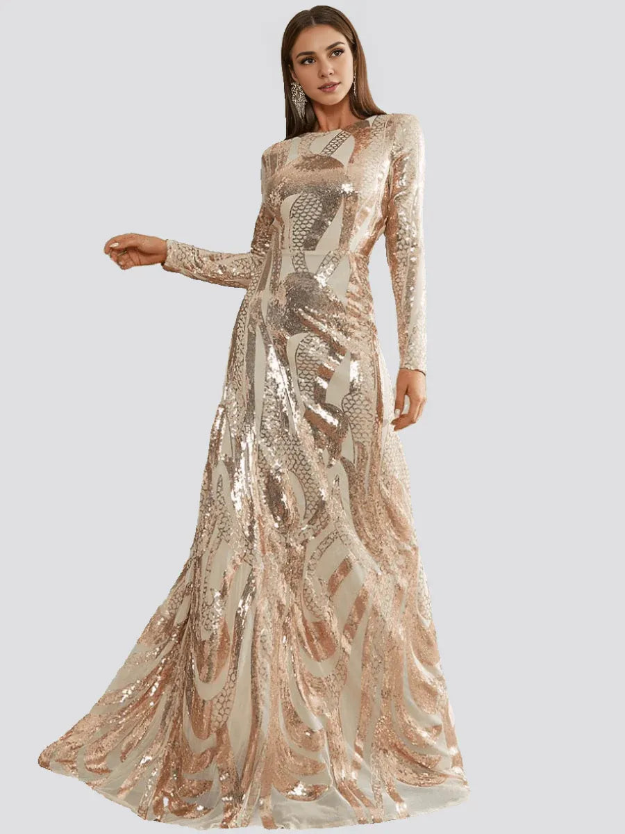 Luxury Sheath High Neck Long Sleeve Back Zip Floor-Length Prom Dress