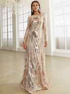 Luxury Sheath High Neck Long Sleeve Back Zip Floor-Length Prom Dress
